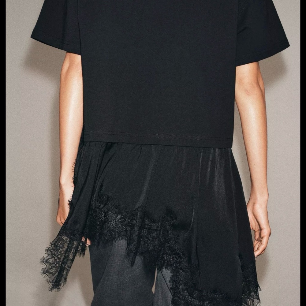 Zara Combination Black Shirt Lace-Hem Short Sleeve Top - Picture 3 of 5